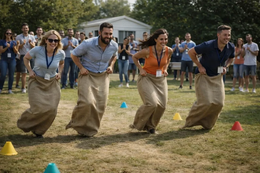 Une course de sac pendant un team building