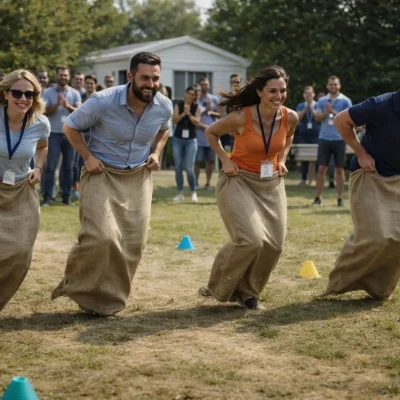 Une course de sac pendant un team building