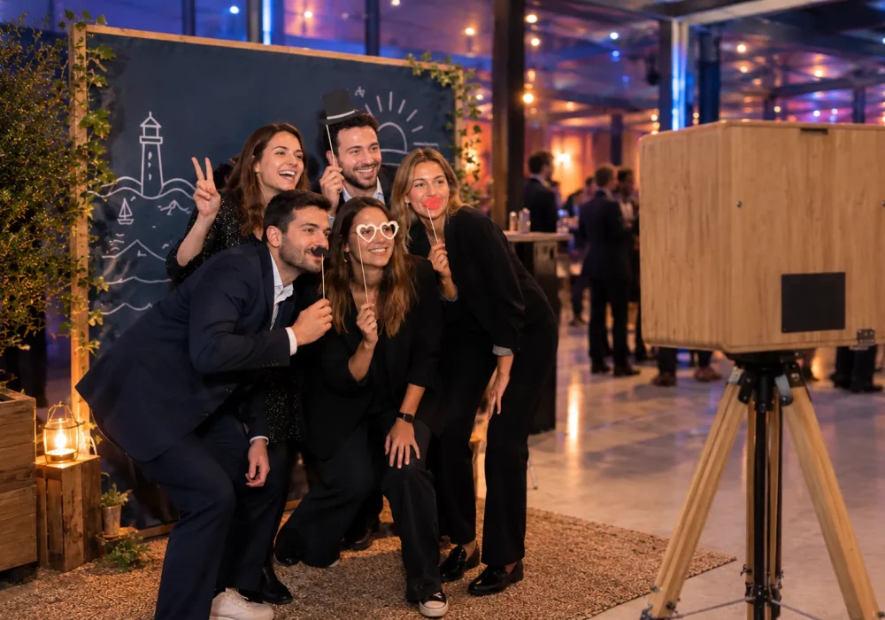 Collègues qui posent avec des accessoires devant le photocall pendant une soirée d'entreprise, borne photobooth en bois au premier plan